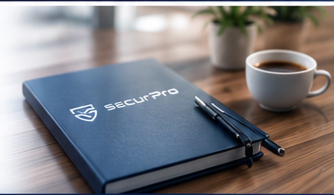 SecurPro-Notizbuch mit Stift auf einem Schreibtisch